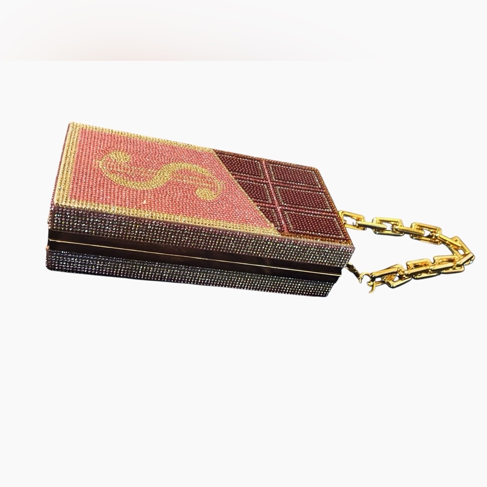 Gold  Chocolate Bar Money Sign Bling Rhinestone Clutch Bag Luxury - Picture 4 of 5